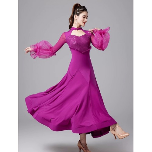Black purple red sequins ballroom dance dresses for women girls lantern sleeves waltz tango foxtrot rhythm moving dance long gown for lady